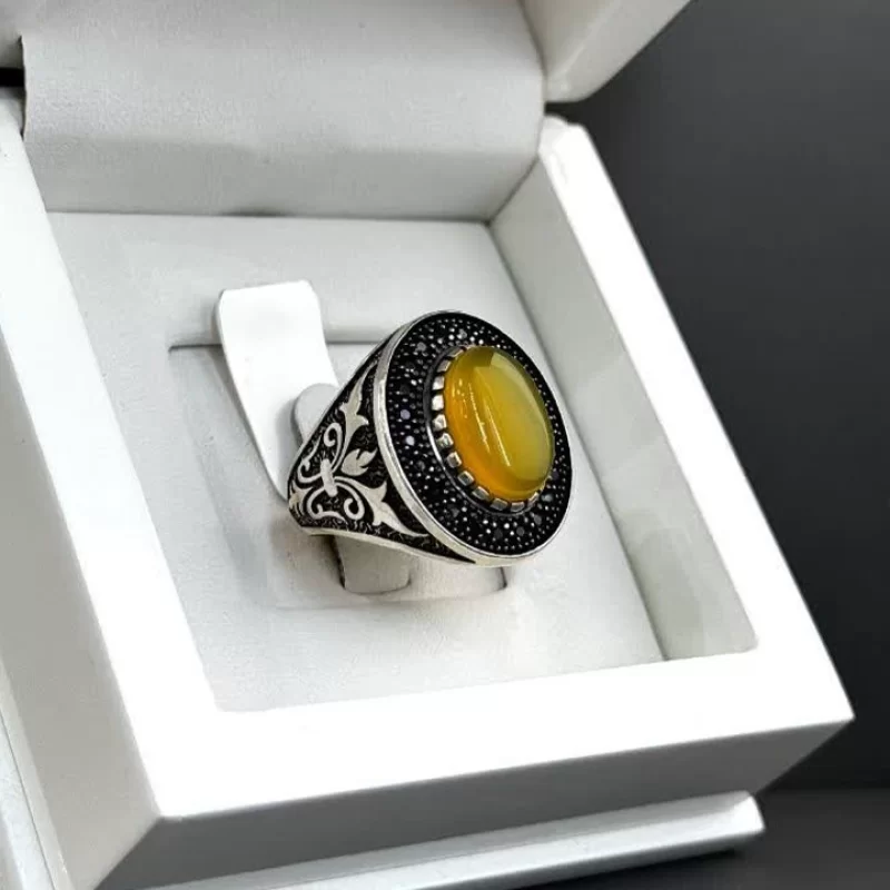 انگشتر نقره مردانه مدل عقیق زرد شرف الشمس کد 52