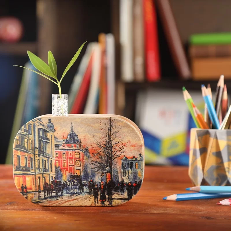 گلدان چوبی دکوراتیو مدل P-118F طرح غروب آبرنگی