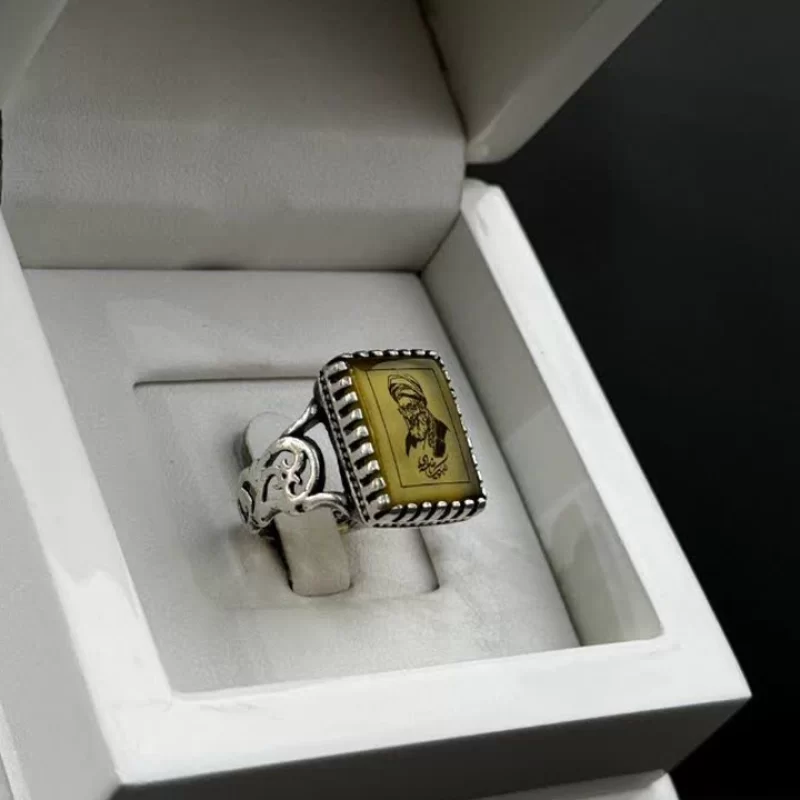انگشتر نقره مردانه رکاب رهبری مدل عقیق زرد شرف الشمس کد 15