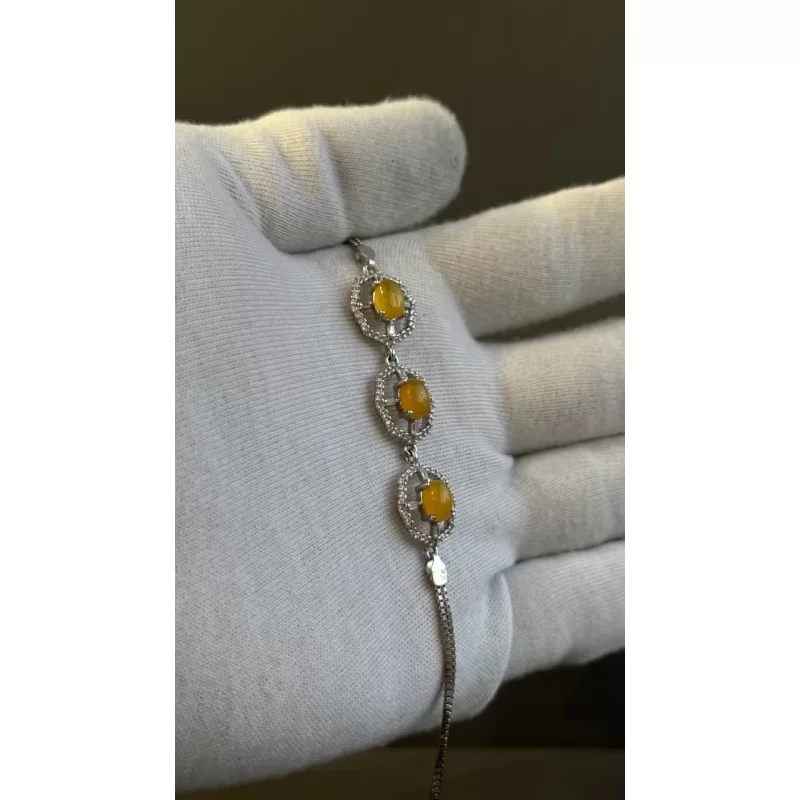 دستبند نقره زنانه مدل عقیق زرد شرف الشمس آبکاری رادیوم کد 147