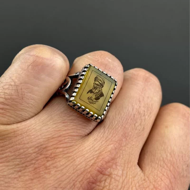 انگشتر نقره مردانه مدل عقیق زرد شرف الشمس طرح رهبری کد 15