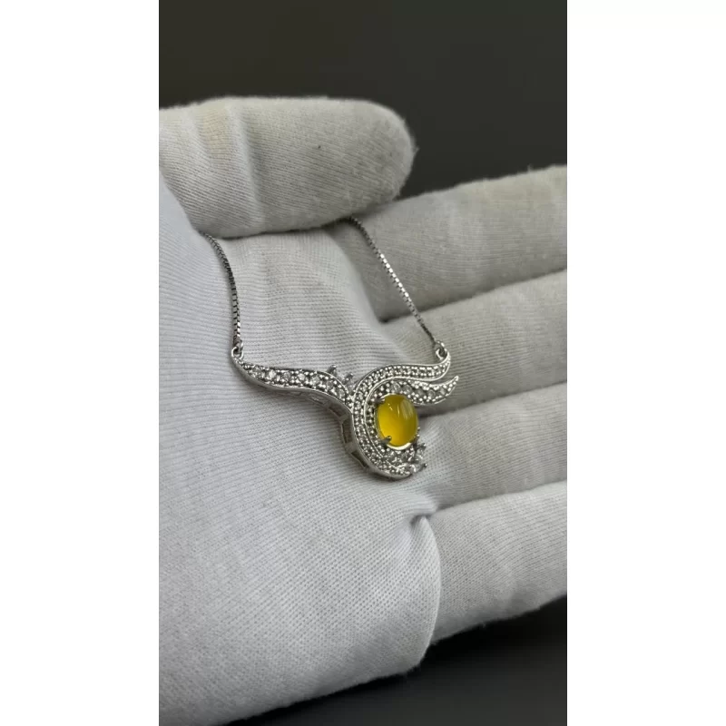 مدال نقره زنانه مدل عقیق زرد شرف الشمس آبکاری رادیوم با زنجیر کد 132