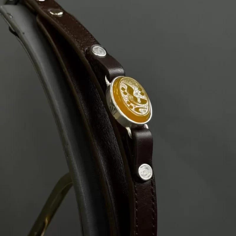 دستبند نقره مردانه مدل عقیق زرد شرف الشمس بند چرمی کد 184