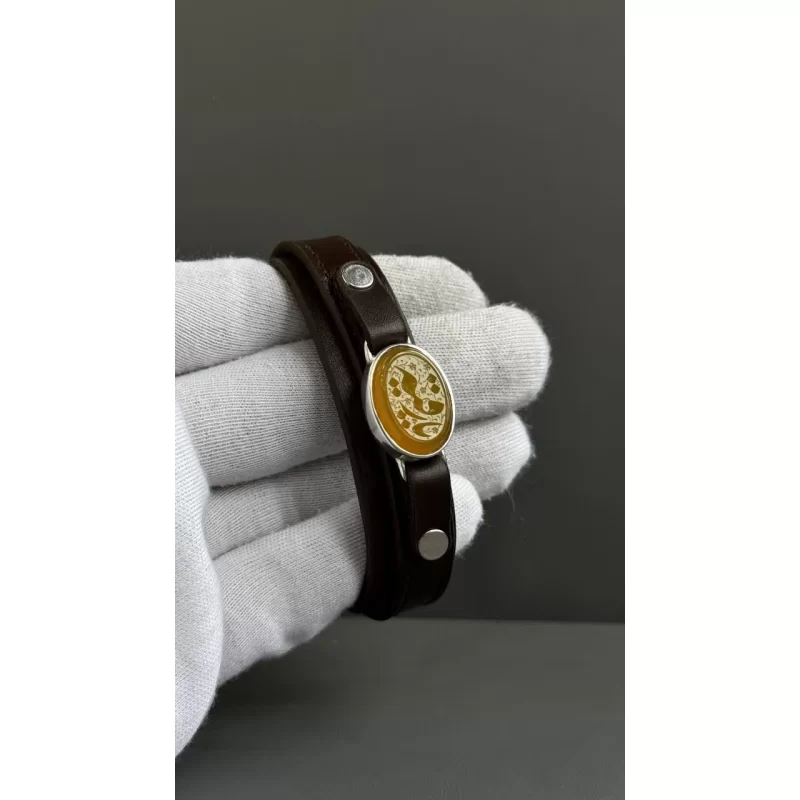 دستبند نقره مردانه مدل عقیق زرد شرف الشمس بند چرمی کد 184