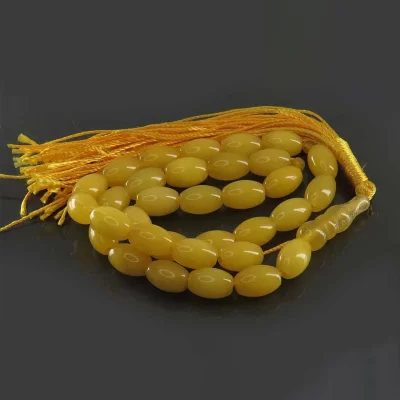 تسبیح جید زرد 33 دانه تراش گندمی حکاکی شرف الشمس کد 156870