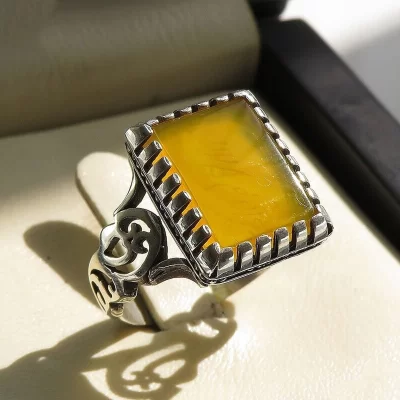 انگشتر مردانه نقره عقیق زرد طرح رهبری حکاکی شرف الشمس کد 83779