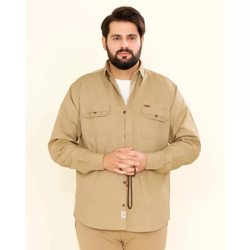 پیراهن کتان دوجیب طرح جیپ رنگ خردلی روشن کد PD12048