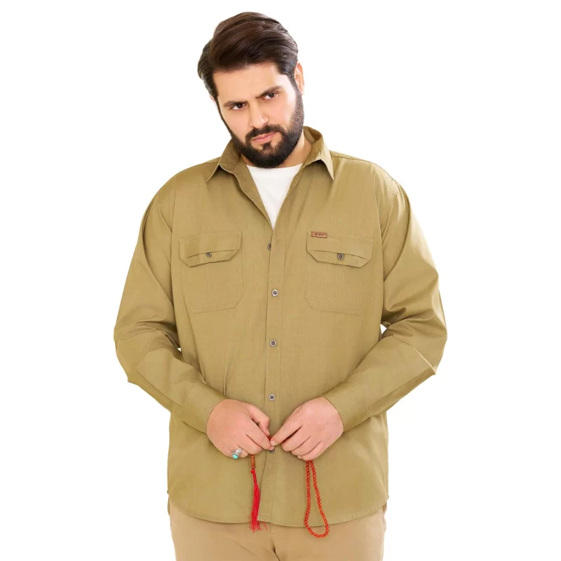پیراهن کتان دوجیب طرح جیپ رنگ خردلی کد PD12046