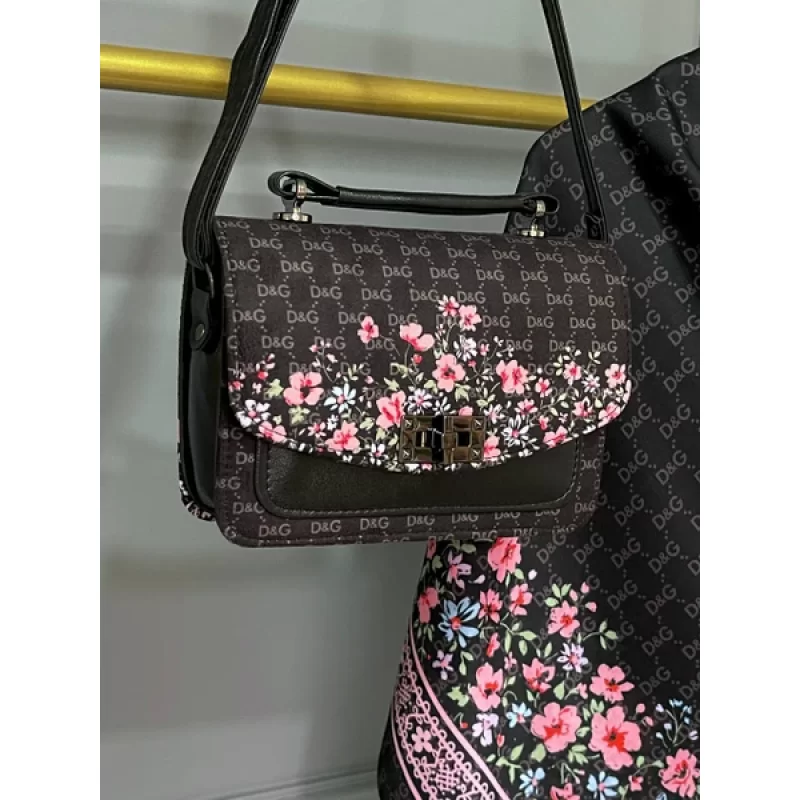 ست کیف و روسری مشکی مدل گل دی اند جی کد B2