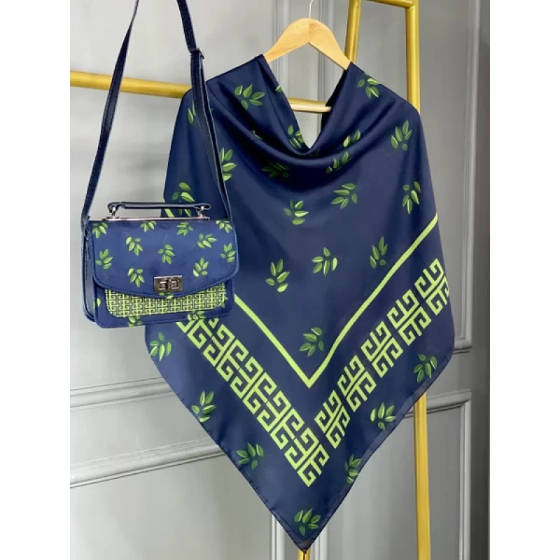 ست کیف و روسری سورمه ای سبز مدل برگ جیوانچی کد B2