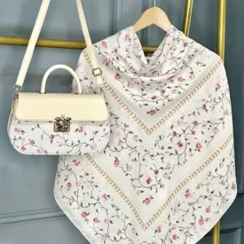 ست کیف و روسری کرم مدل گلسار سیااسکارف کد A3
