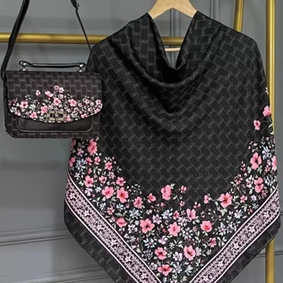 ست کیف و روسری مشکی مدل گل دی اند جی کد B2