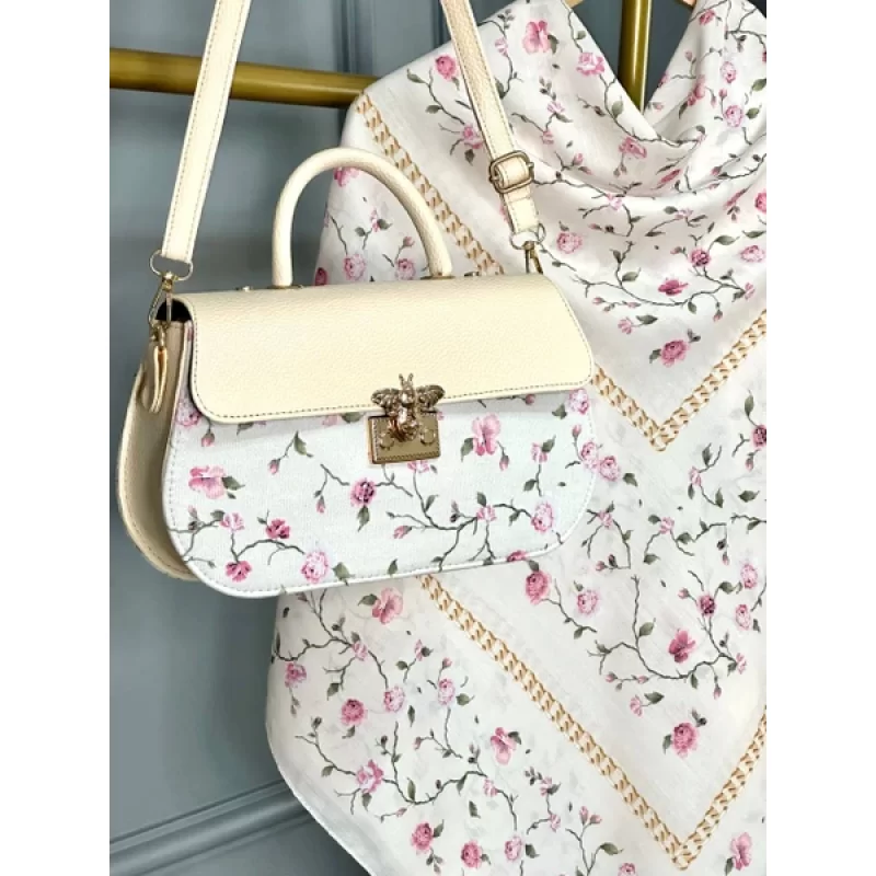 ست کیف و روسری کرم مدل گلسار سیااسکارف کد A3
