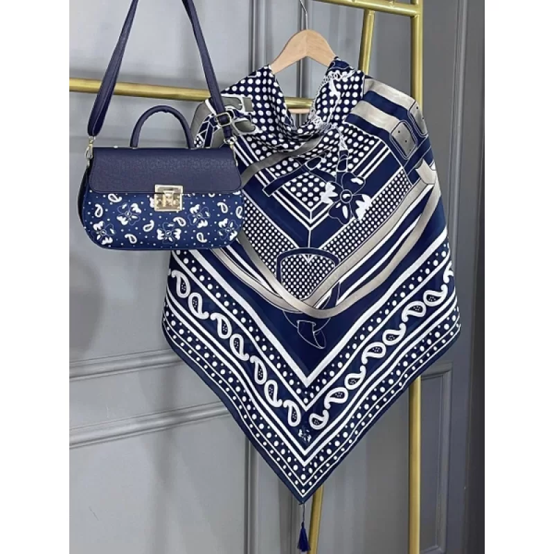 ست کیف و روسری سورمه ای مدل ترمه کمربندی کد A3