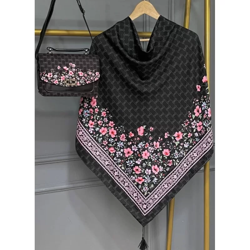 ست کیف و روسری مشکی مدل گل دی اند جی کد B2