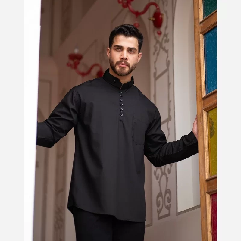 پیراهن مشکی مردانه آستین بلند یقه کمربندی کد 105
