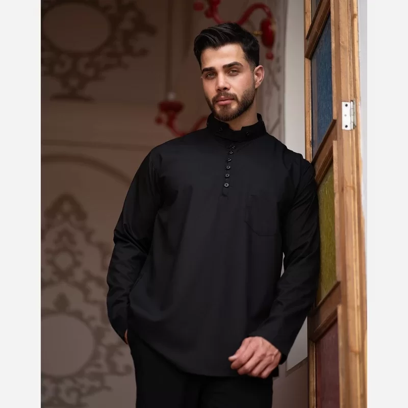 پیراهن مشکی مردانه آستین بلند یقه کمربندی کد 105