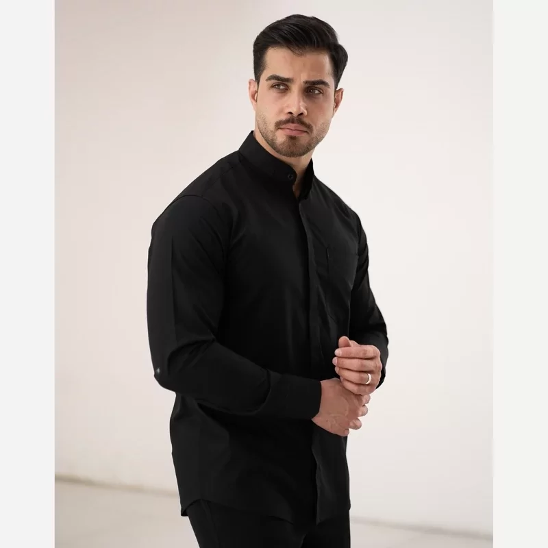 پیراهن مشکی مردانه آستین بلند یقه دیپلمات طرح دو یقه کد 104