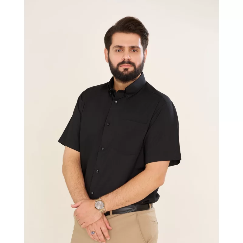 پیراهن مشکی مردانه آستین کوتاه مدل یقه معمولی کد PM11027