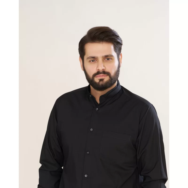 پیراهن مشکی مردانه آستین بلند مدل یقه دیپلمات کد PM11018