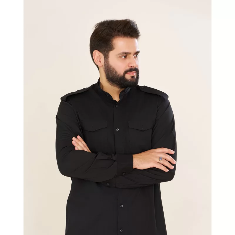 پیراهن مشکی مردانه آستین بلند مدل یقه دیپلمات کد PM11033