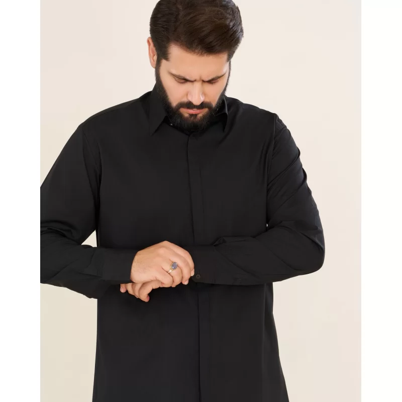 پیراهن مشکی مردانه آستین بلند مدل یقه معمولی کد PM11020