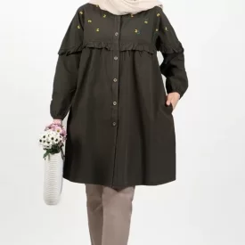 مانتو زنانه الیاف طبیعی گلدوزی رنگ سبز مدل پناه