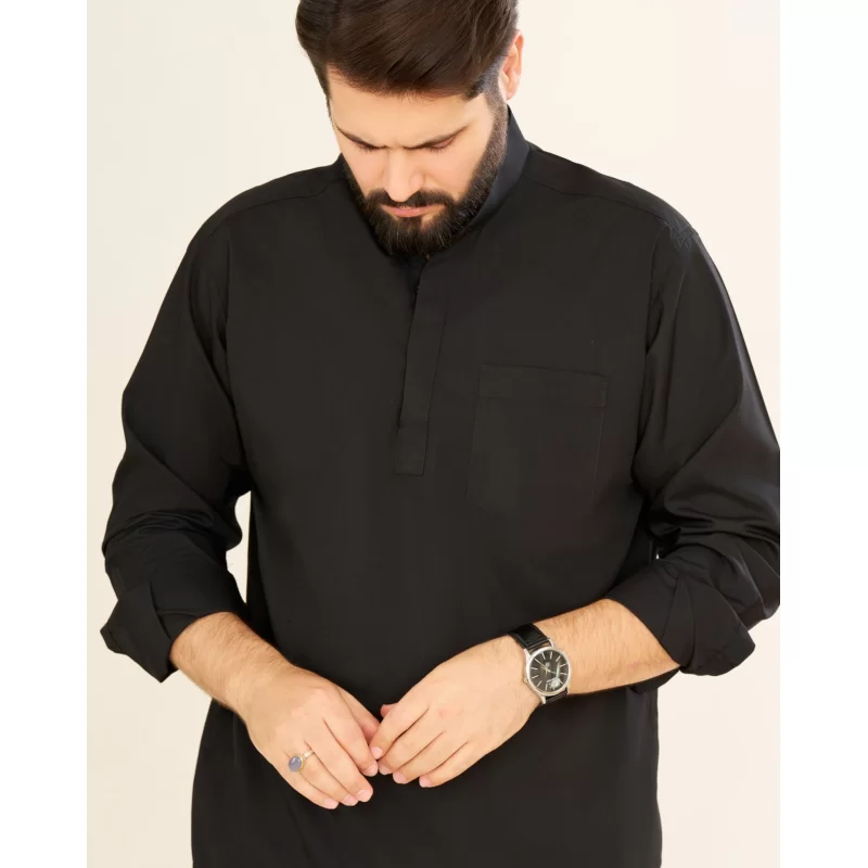 پیراهن مشکی مردانه آستین بلند مدل یقه دیپلمات کد PM21002