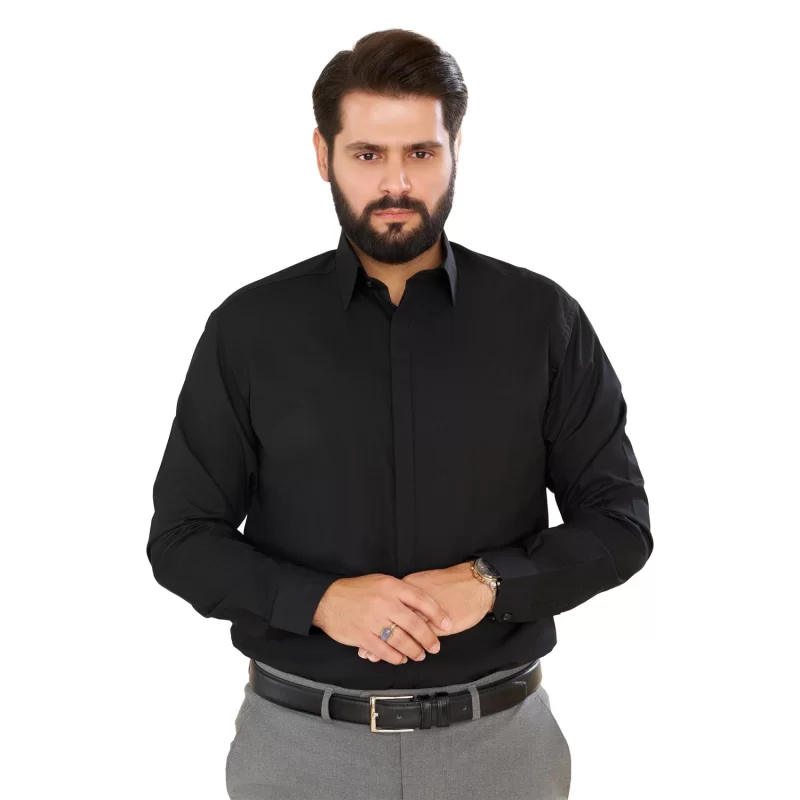 پیراهن مشکی مردانه آستین بلند مدل یقه معمولی کد PM11020