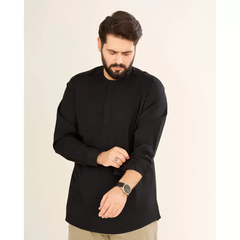 پیراهن مشکی مردانه آستین بلند مدل بدون یقه کد PM21003