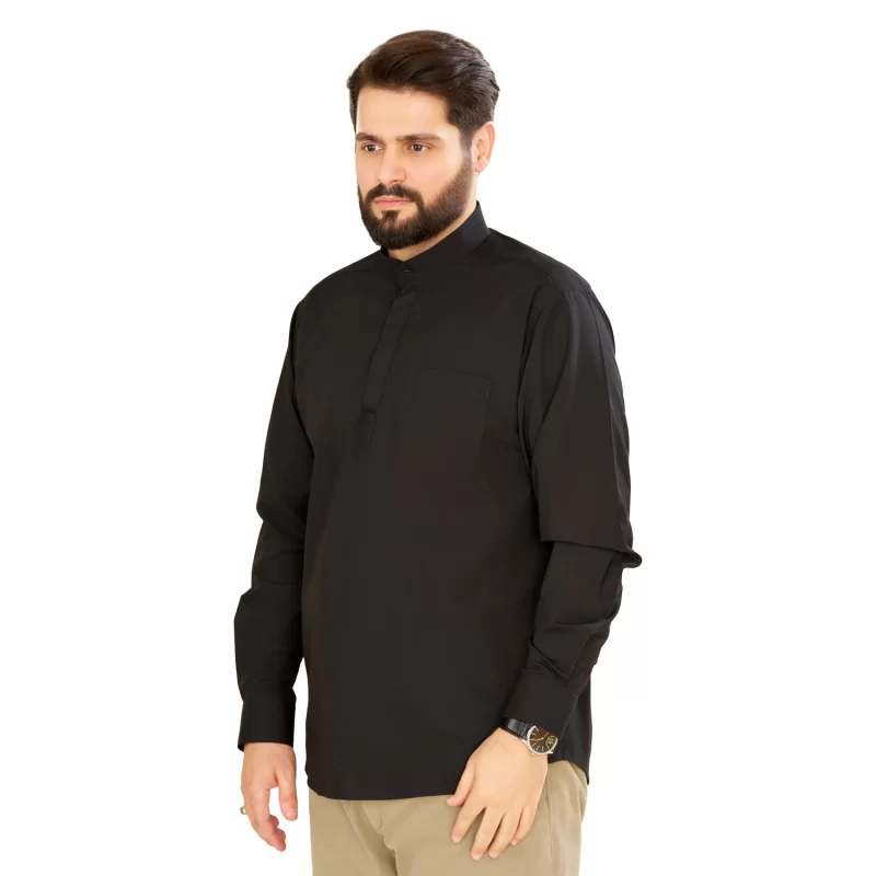 پیراهن مشکی مردانه آستین بلند مدل یقه دیپلمات کد PM21002