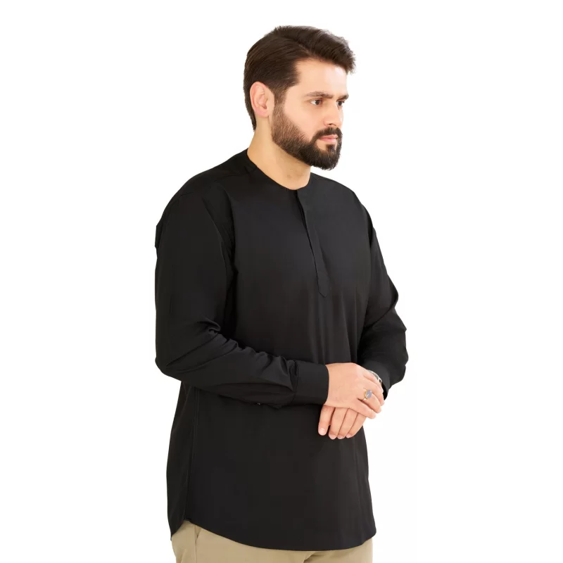 پیراهن مشکی مردانه آستین بلند مدل بدون یقه کد PM21003