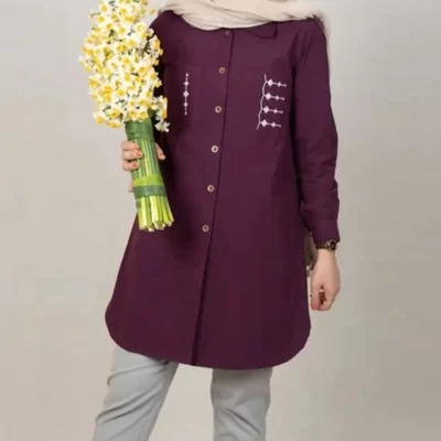 مانتو اسپرت زنانه الیاف طبیعی گلدوزی رنگ بادمجانی مدل پیونی