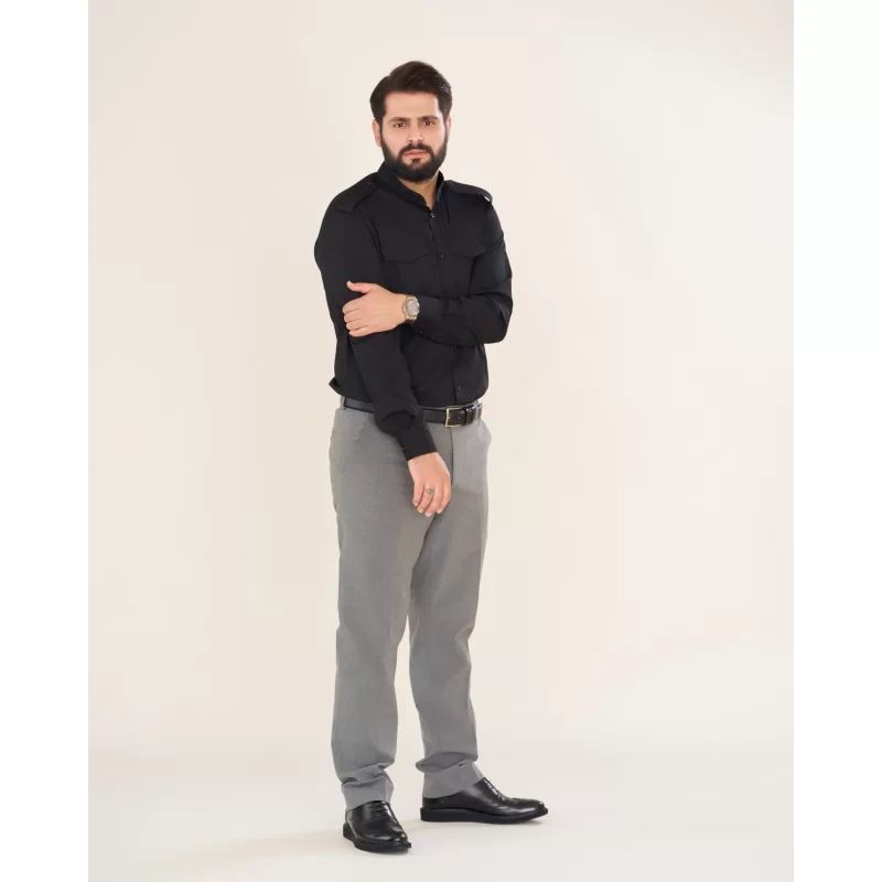 پیراهن مشکی مردانه آستین بلند مدل یقه دیپلمات کد PM11033