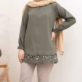 مانتو قواره بزرگ زنانه الیاف طبیعی گلدوزی رنگ سبز