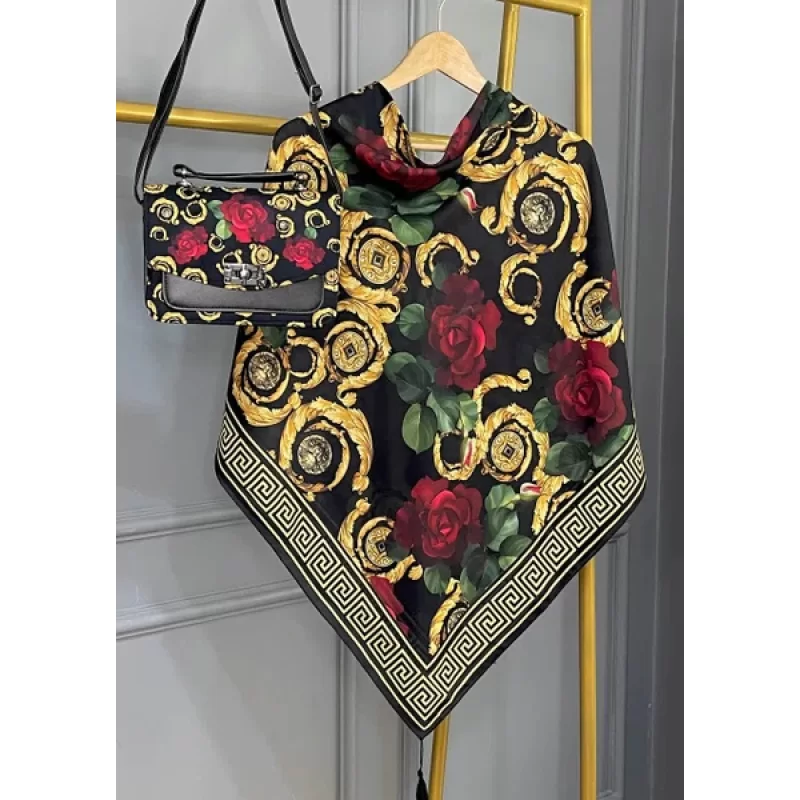 ست کیف و روسری مشکی مدل رز ورساچه کد B2
