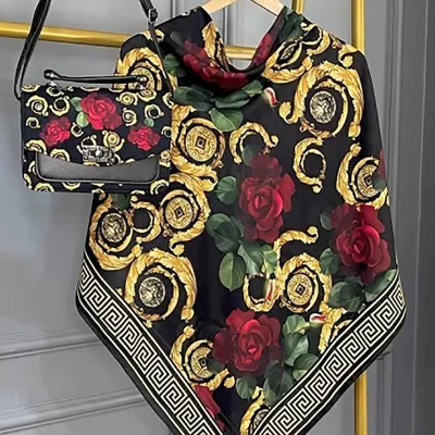 ست کیف و روسری مشکی مدل رز ورساچه کد B2