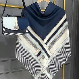 ست کیف و روسری سورمه‌ای آبی مدل ورساچه تیبا کد B2