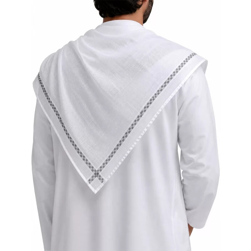 شماغ اصل عربی (چفیه عربی) نخی رنگ سفید با نوار طوسی رنگ