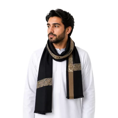 شال کشمیری نخی رنگ مشکی با نوار کرم رنگ