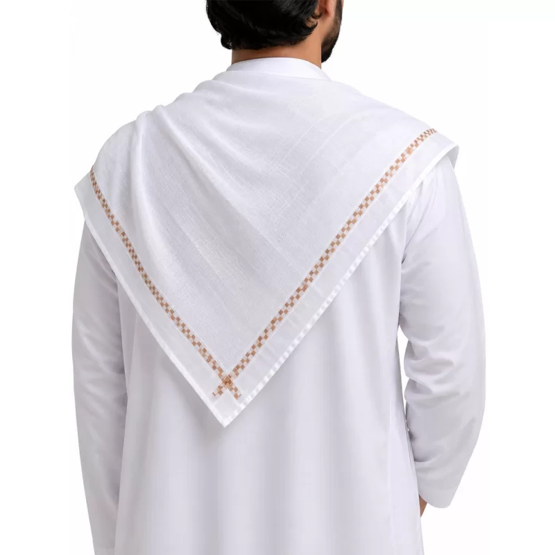 شماغ اصل عربی (چفیه عربی) نخی رنگ سفید با نوار طلایی رنگ