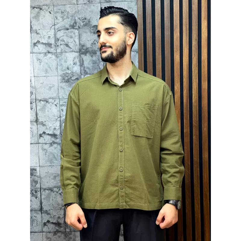 پیراهن کتان مدل تک جیب رنگ سبز کد 1401