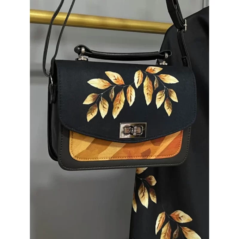 ست کیف و روسری مشکی مدل برگ هانا کد B2