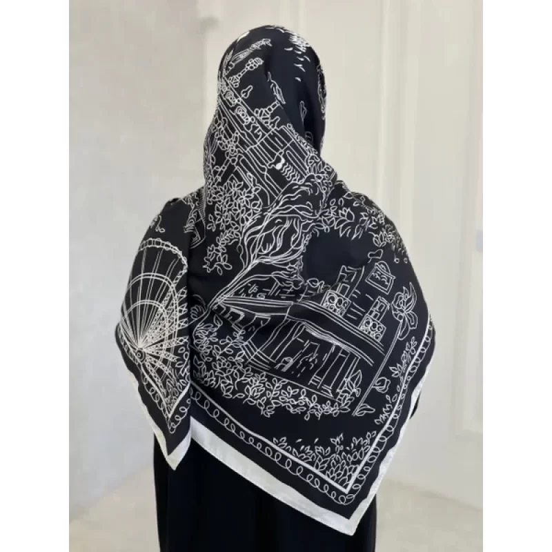 روسری ابریشم ساتن سفید مشکی مجلسی طرح شهر