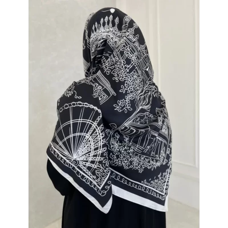 روسری ابریشم ساتن سفید مشکی مجلسی طرح شهر