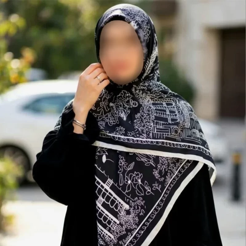 روسری ابریشم ساتن سفید مشکی مجلسی طرح شهر
