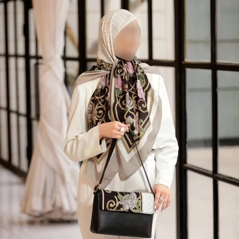ست کیف و روسری کرمی طرح دور گل