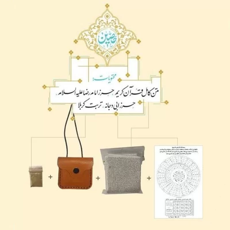 حرز جامع قرآنی حصین شامل متن قرآن، تربت کربلا، حزر امام رضا و حرز ابی دجانه کبیر