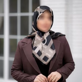 روسری زنانه مشکی شکلاتی ابریشم طرح کمربندی هرمس
