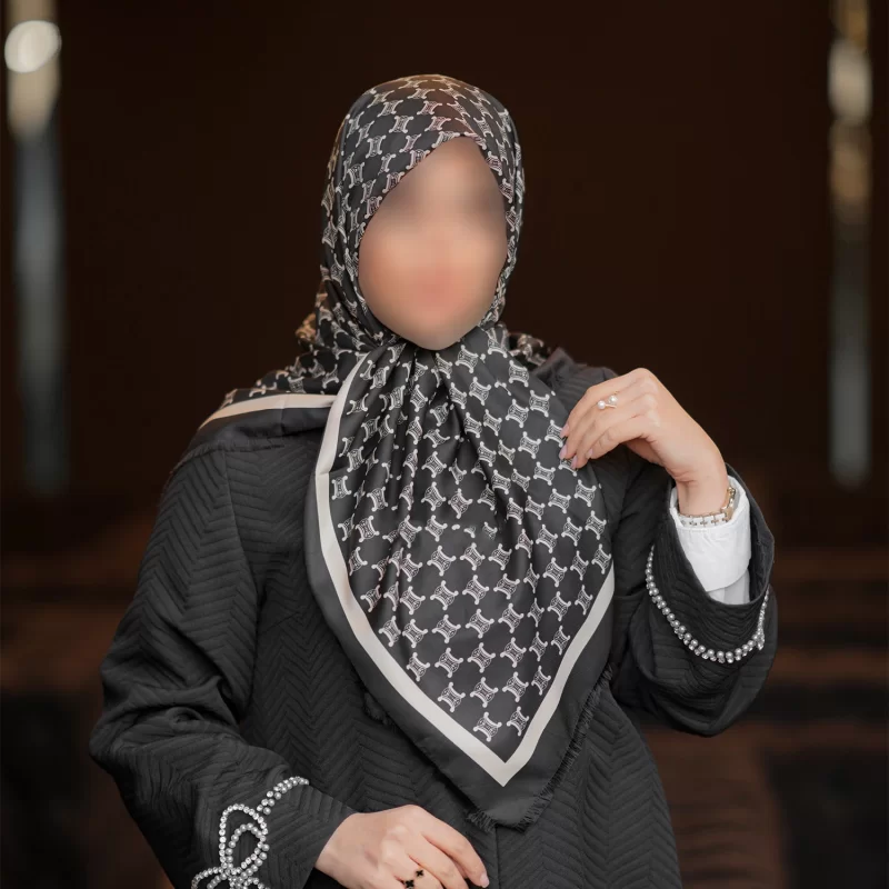 روسری زنانه مشکی طوسی ابریشم ژاکارد طرح سلین